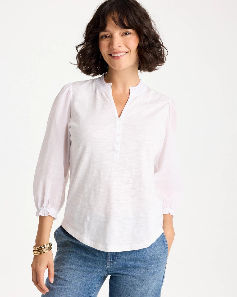 Alabaster Ruffled V-Neck 3/4 Sleeve Top