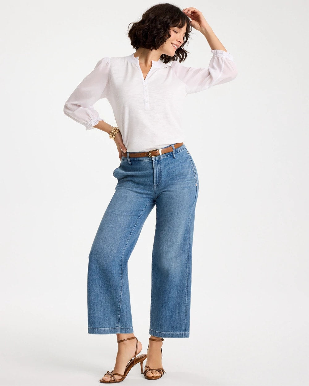 Alabaster Ruffled V-Neck 3/4 Sleeve Top
