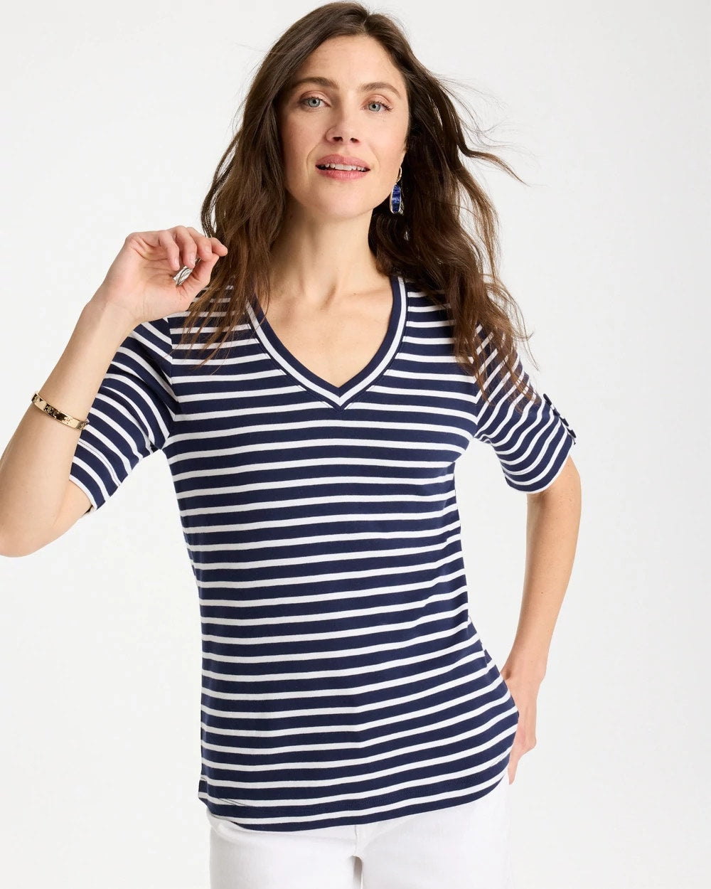 Passport Blue Pima Striped Elbow Sleeve Tee