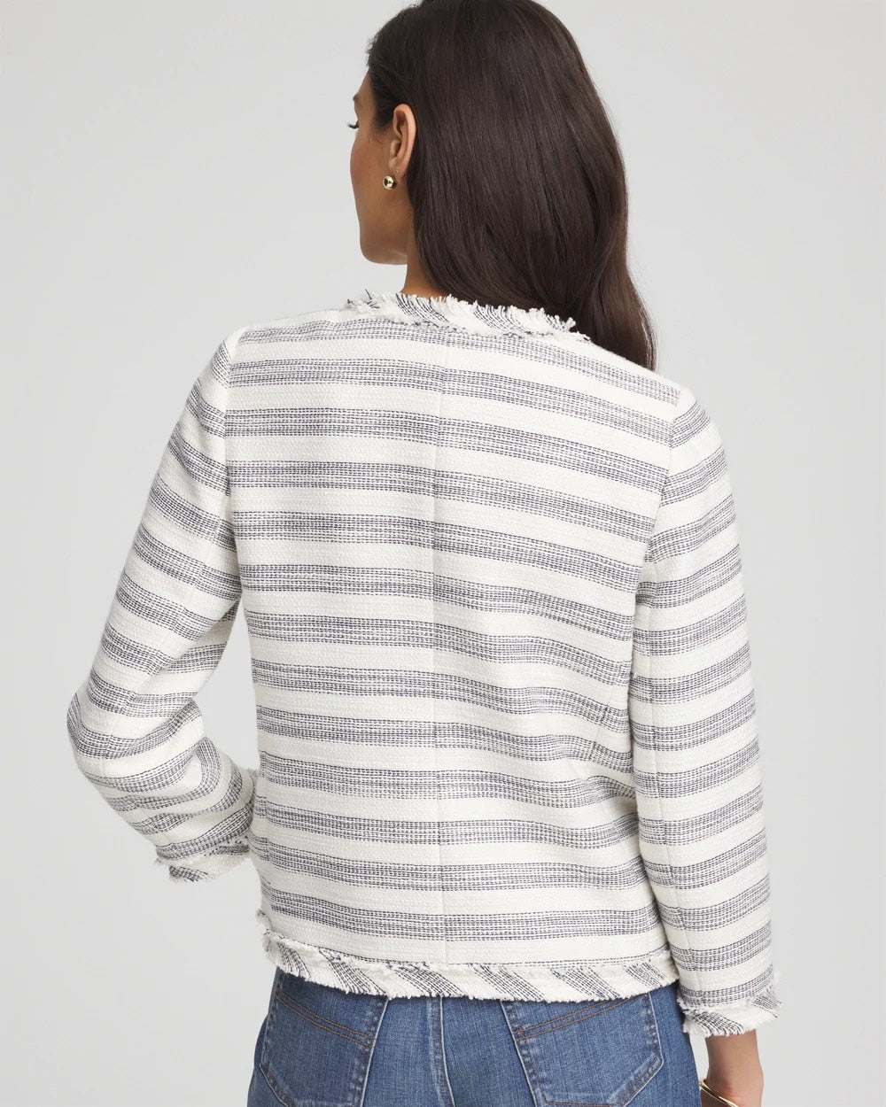 Ecru Striped Tweed Collarless Box Jacket