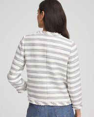 Ecru Striped Tweed Collarless Box Jacket