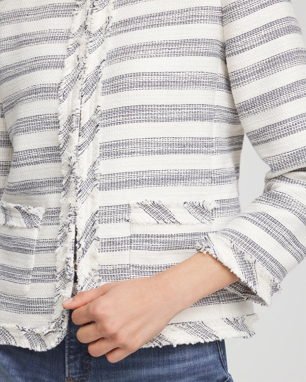 Ecru Striped Tweed Collarless Box Jacket