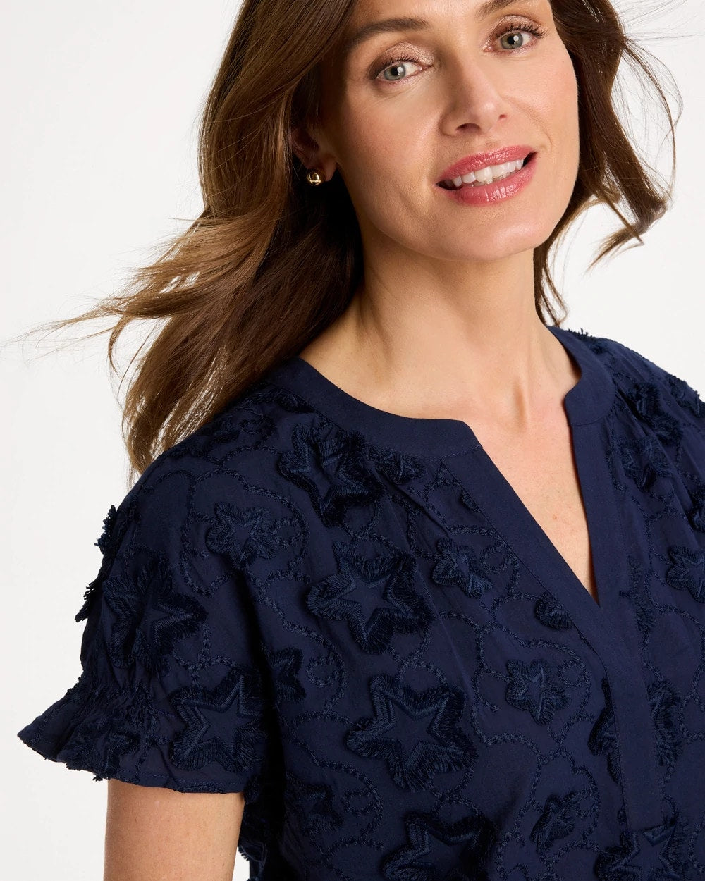 Passport Blue Cotton Embroidered Americana Star Blouse