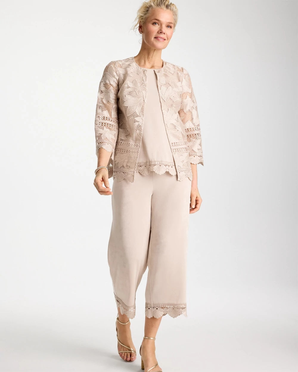 Smokey Taupe Travelers™ Lace Trim Cropped Pants