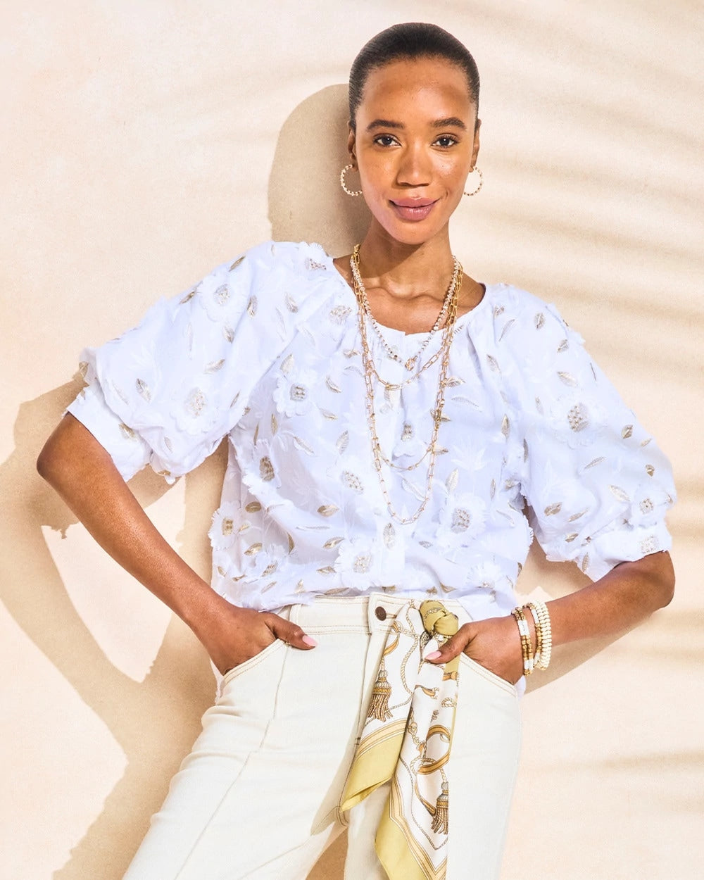 Alabaster Cotton Metallic Applique Embroidered Top