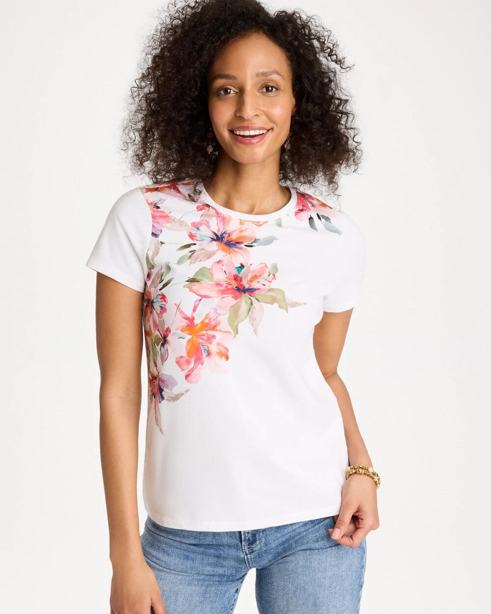 Calypso Coral Cotton Stretch Ethereal Floral Cap Sleeve Tee