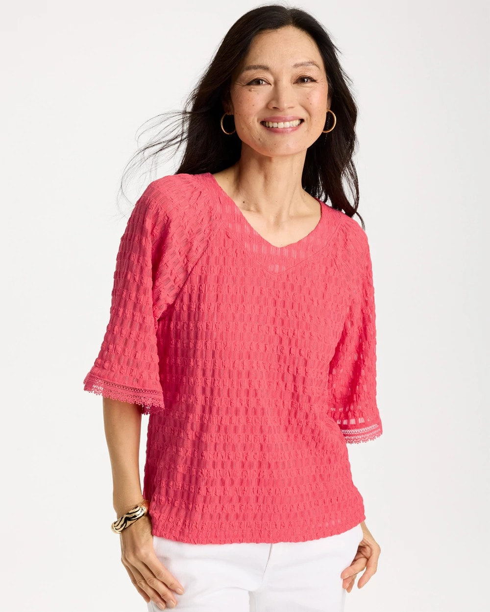 Calypso Coral Crinkle Lace Knit Raglan Tee
