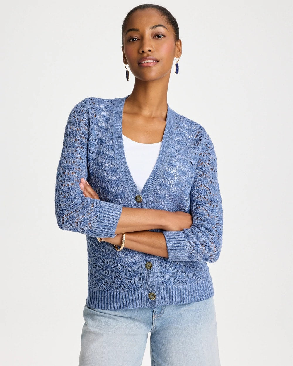 Denim Crochet Knit Pointelle Cardigan