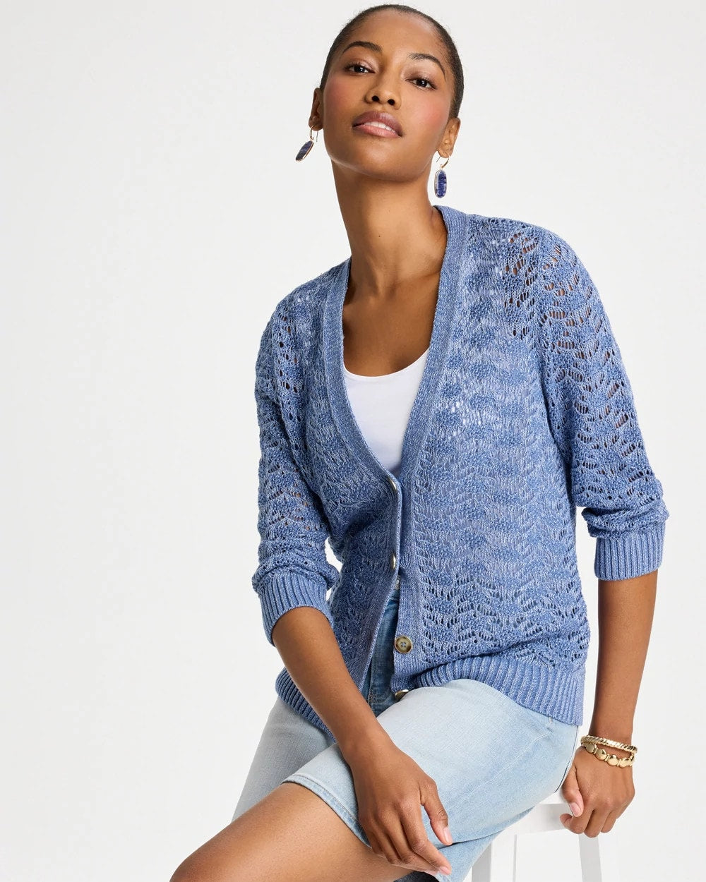 Denim Crochet Knit Pointelle Cardigan