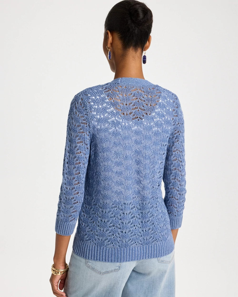 Denim Crochet Knit Pointelle Cardigan