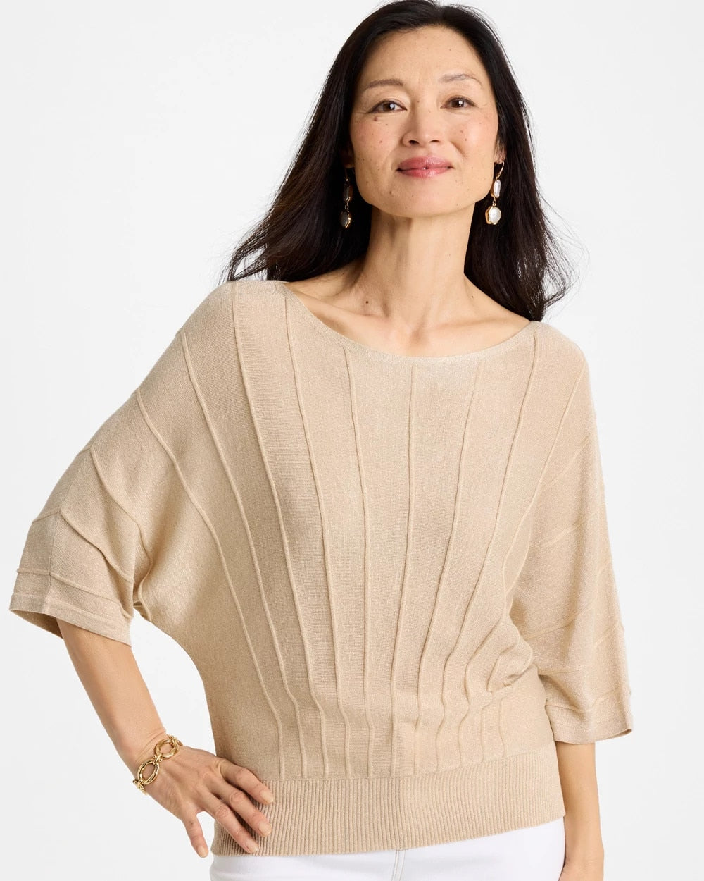 Ecru Metallic Pleated Dolman Pullover Sweater