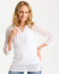 Alabaster Cotton-Linen Lace Notch-Neck Sweater