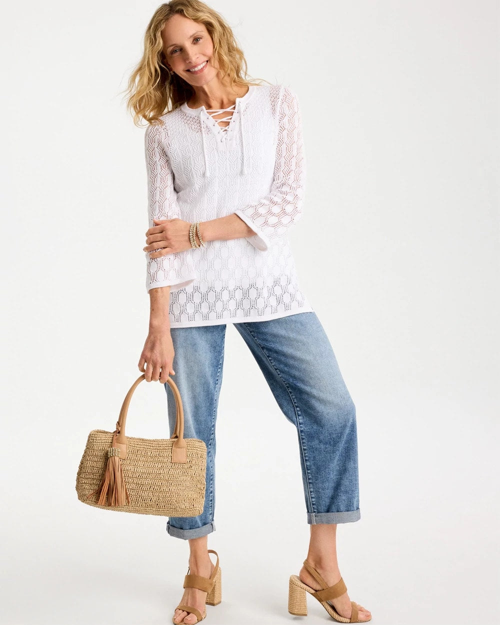 Alabaster Cotton-Linen Lace Notch-Neck Sweater