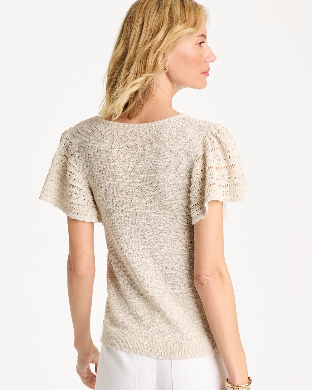 Cream Pointelle Metallic Flutter-Sleeve Pullover