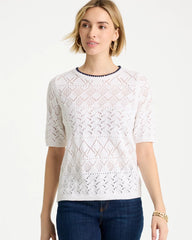 Alabaster Pointelle Blanket-Stitch Pullover Sweater
