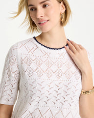 Alabaster Pointelle Blanket-Stitch Pullover Sweater
