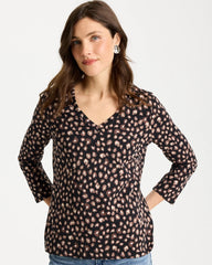 Black Cotton Stretch 3/4 Sleeve Polka Dot Tee