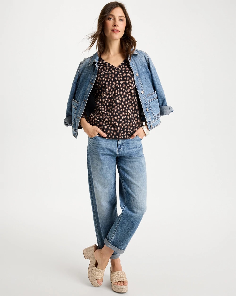Black Cotton Stretch 3/4 Sleeve Polka Dot Tee