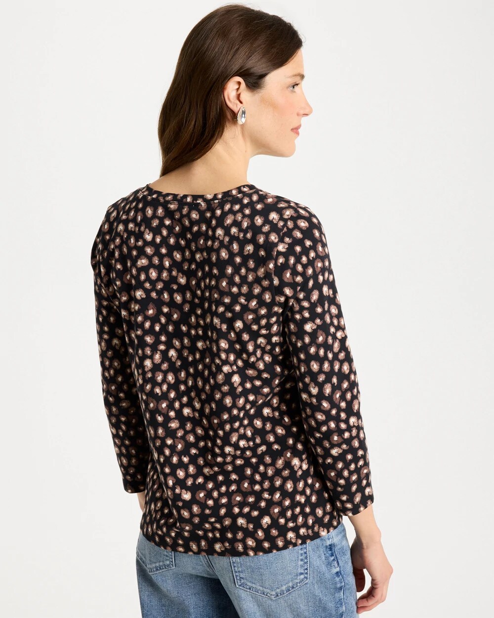 Black Cotton Stretch 3/4 Sleeve Polka Dot Tee