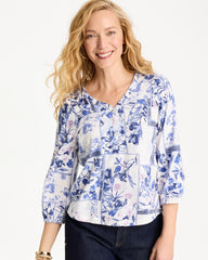 Passport Blue Elle Puff Sleeve Cotton Slub Henley Tee