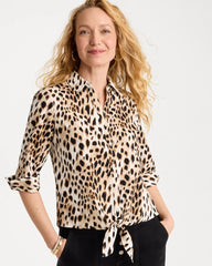 Black Poplin Cotton Animal Print Tie-Front Top