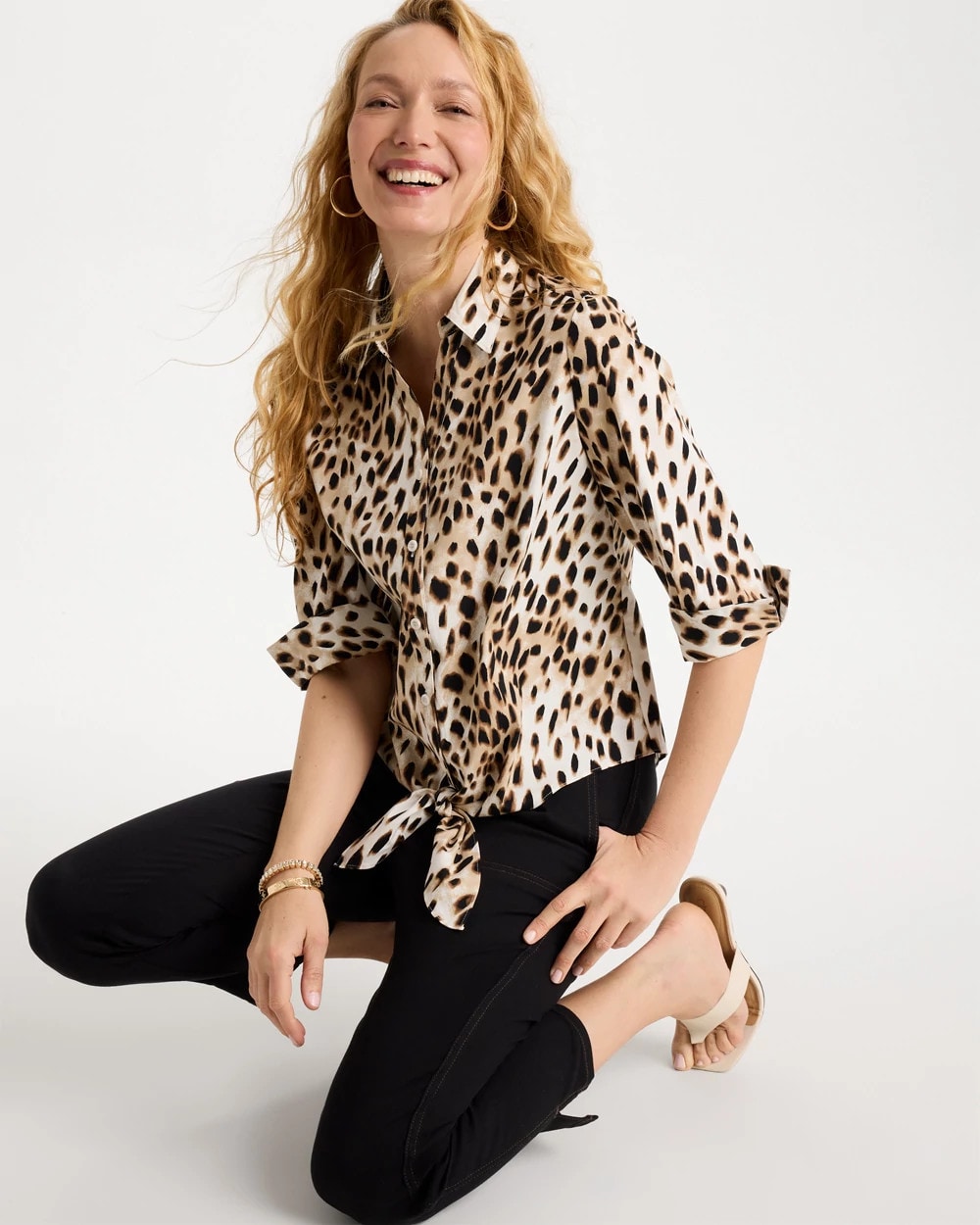 Black Poplin Cotton Animal Print Tie-Front Top