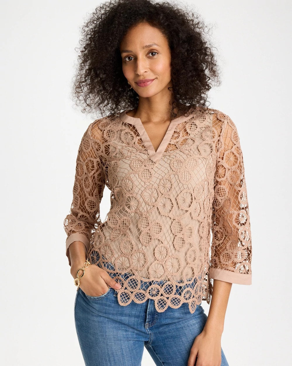 Mocha Mousse Mixed-Media Medallion Lace Top