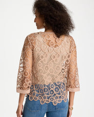 Mocha Mousse Mixed-Media Medallion Lace Top