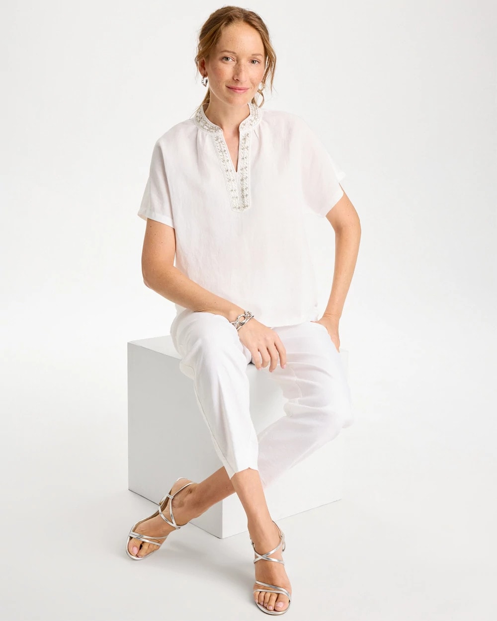 Alabaster Linen Embellished Popover Top