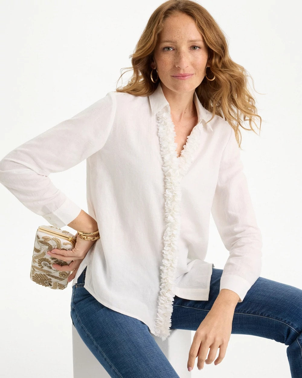 Alabaster Linen Flower Embellished Blouse