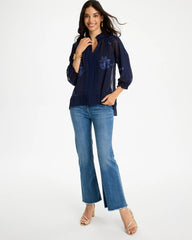 Passport Blue Embellished Splitneck Blouse