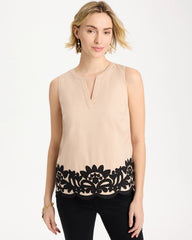 Tan Bisque Applique Embellished Sleeveless Top
