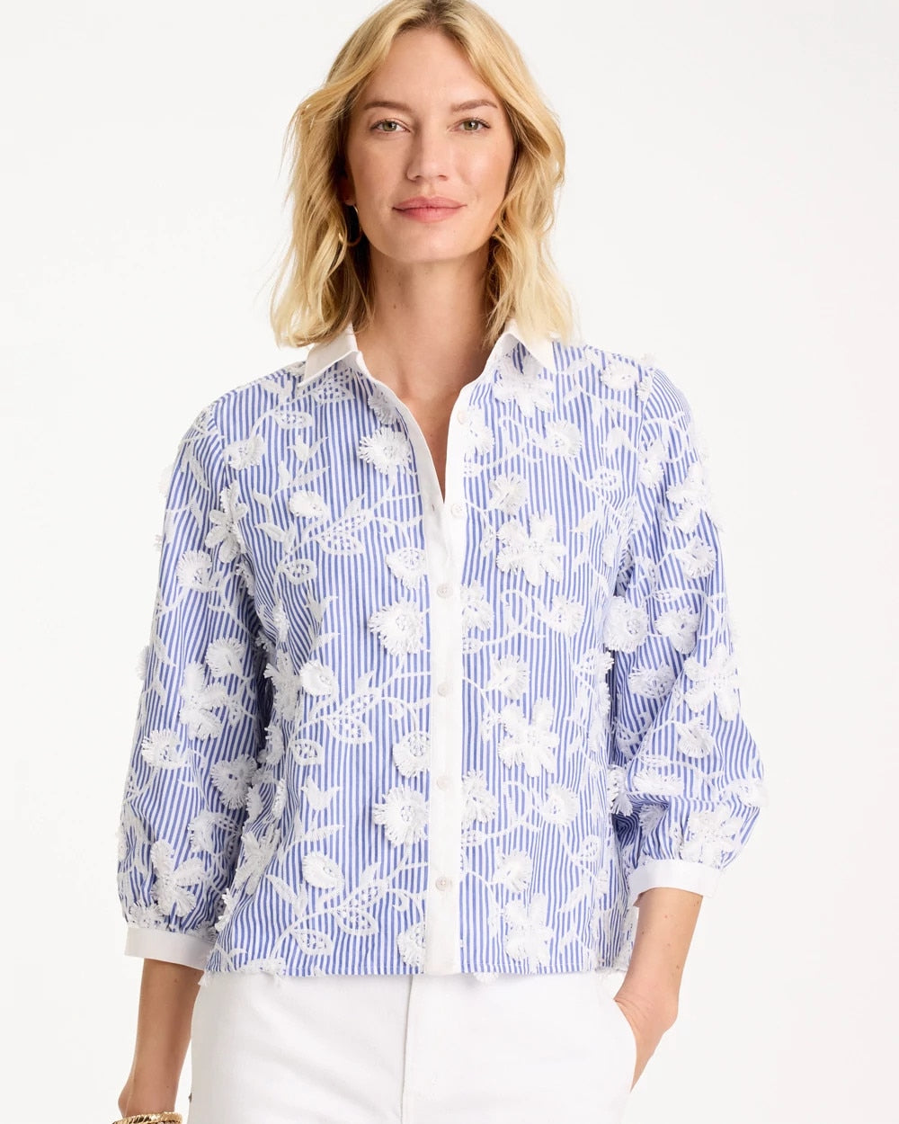 Alabaster Cotton 3D Embroidered Striped Shirt
