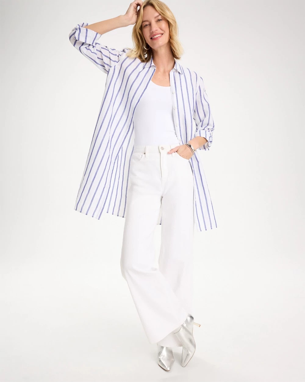 Alabaster Linen Metallic Striped Duster Shirt