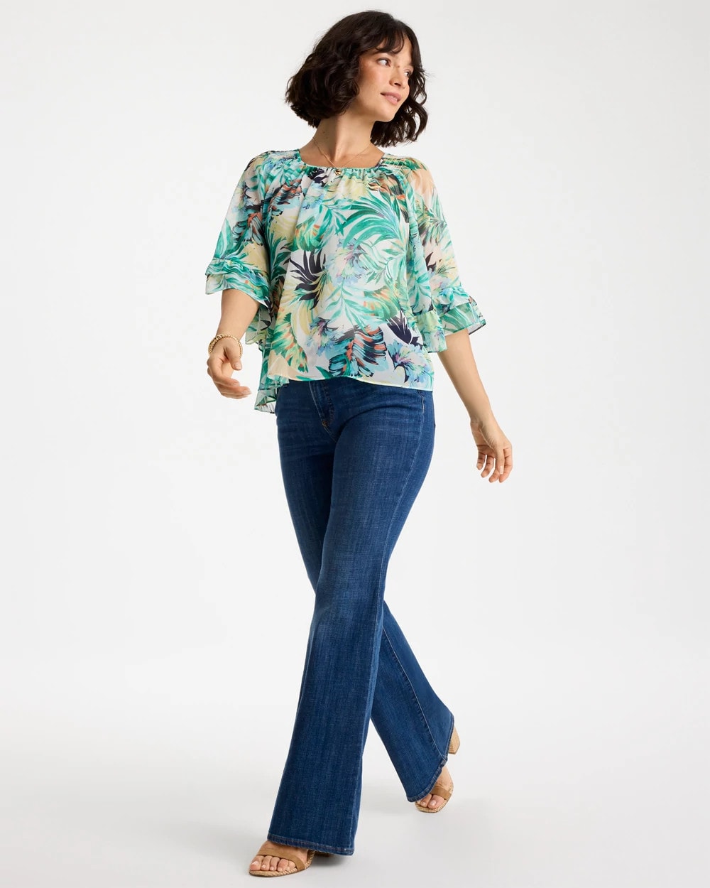 Topanga Green Printed Georgette Swing Blouse