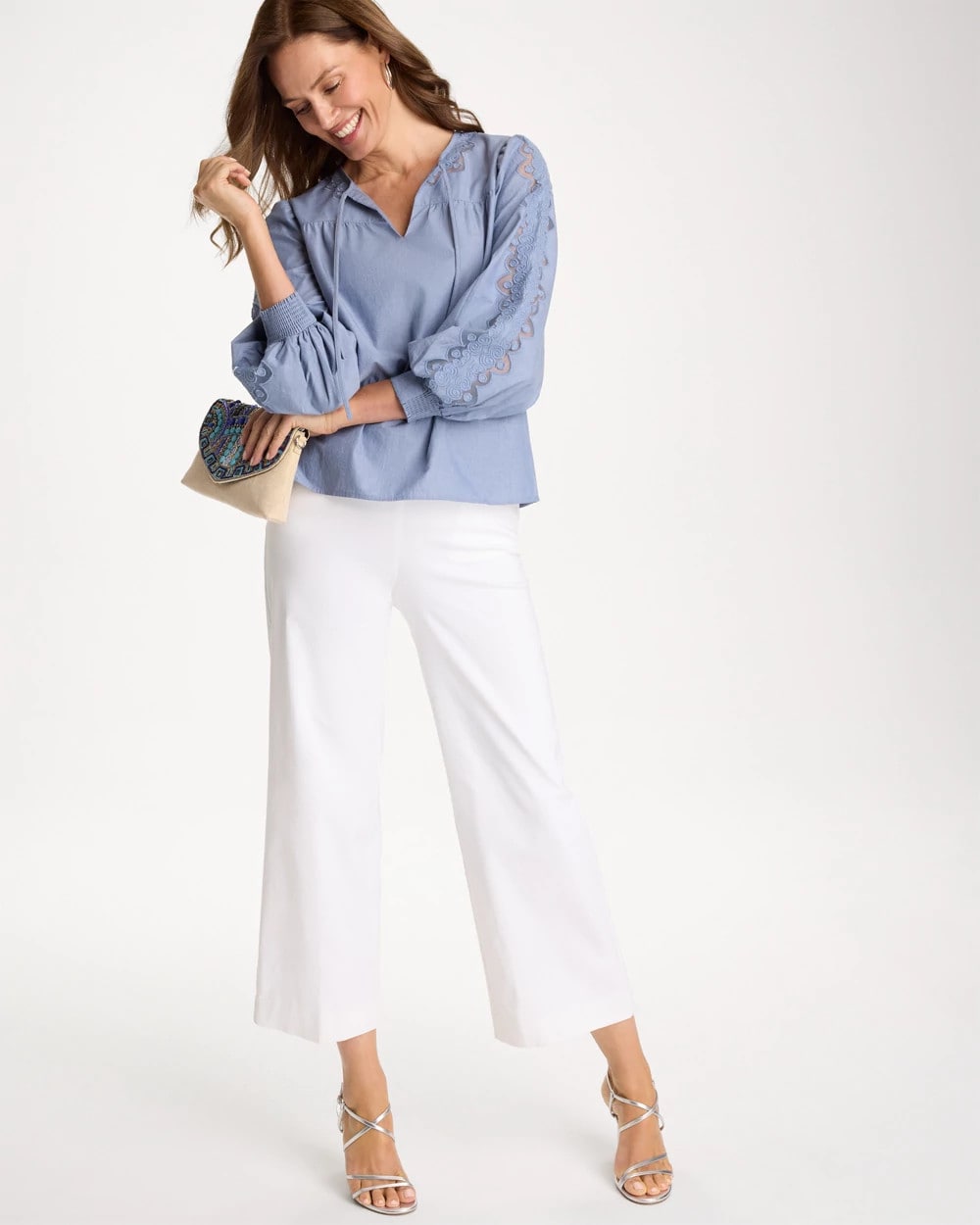 Washed Indigo Chambray Lace Tie-Front Blouse