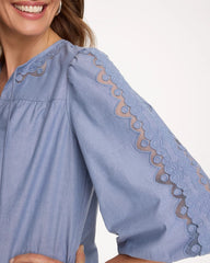 Washed Indigo Chambray Lace Tie-Front Blouse