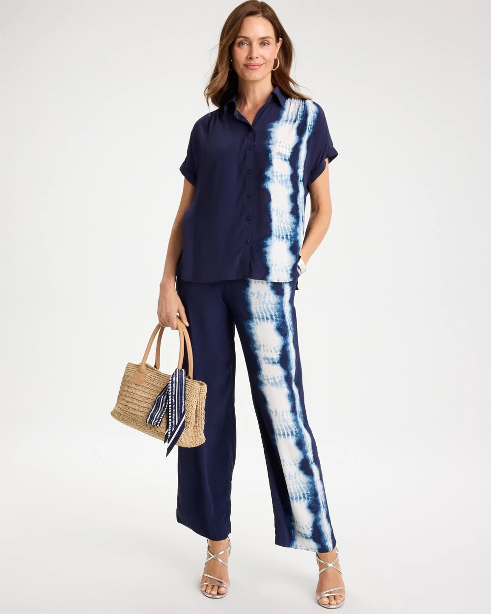 Passport Blue Faux Silk Henley Colorblock Top