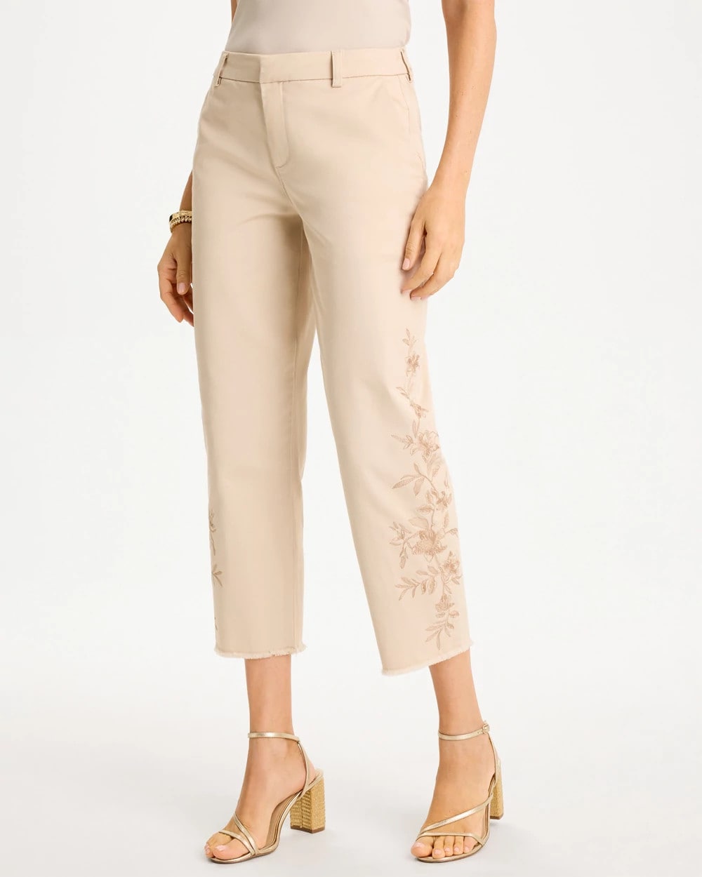 Pale Sand Relaxed Embroidered Fray Crop Pant