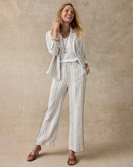 Neutral Striped Piped Linen Fly Front Pants