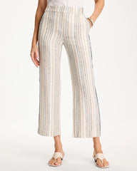 Neutral Striped Piped Linen Fly Front Pants