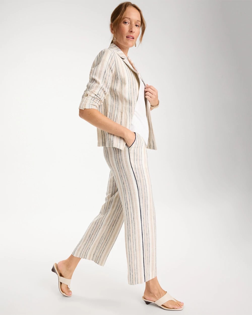 Neutral Striped Piped Linen Fly Front Pants