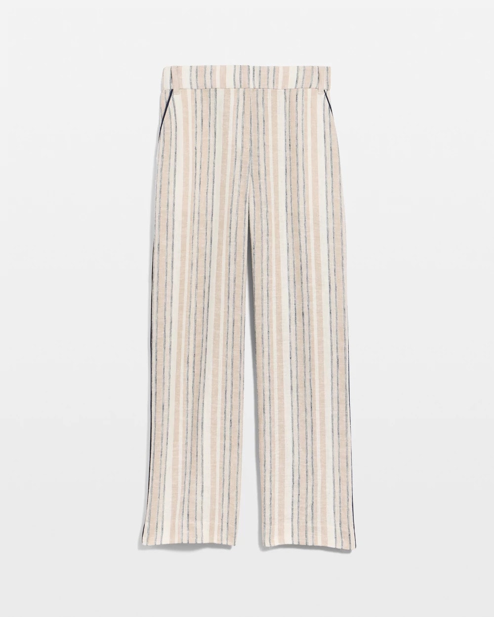Neutral Striped Piped Linen Fly Front Pants