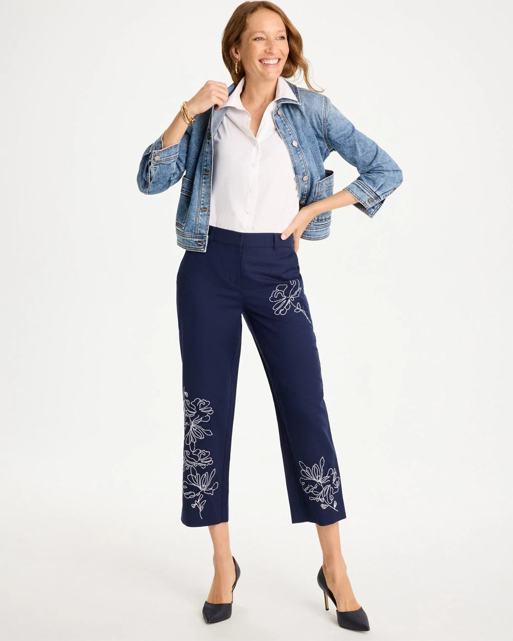 Passport Blue Embroidered Linen Fly Front Pants