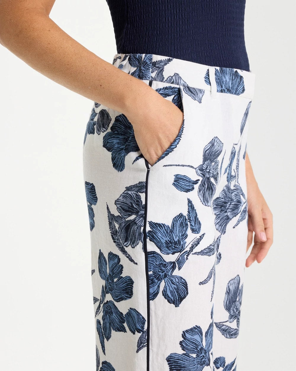 Passport Blue Piped Linen Fly Front Pants