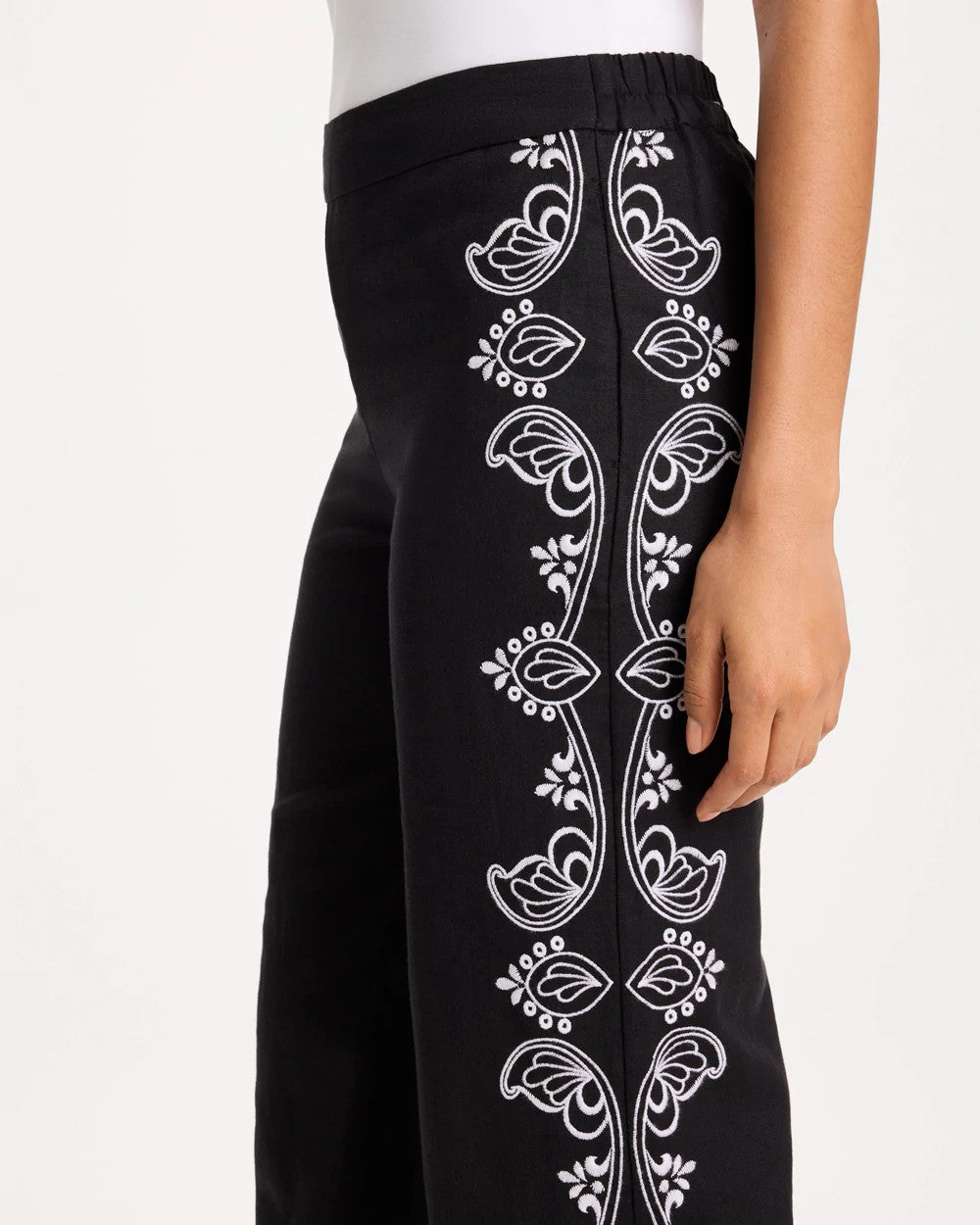Black Embroidered Pull-On Wide-Leg Linen Pants