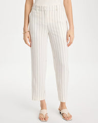 Ecru Striped Linen Wide-Leg Ankle Pants