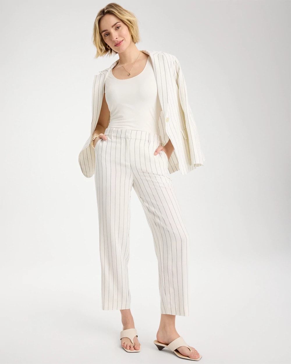 Ecru Striped Linen Wide-Leg Ankle Pants