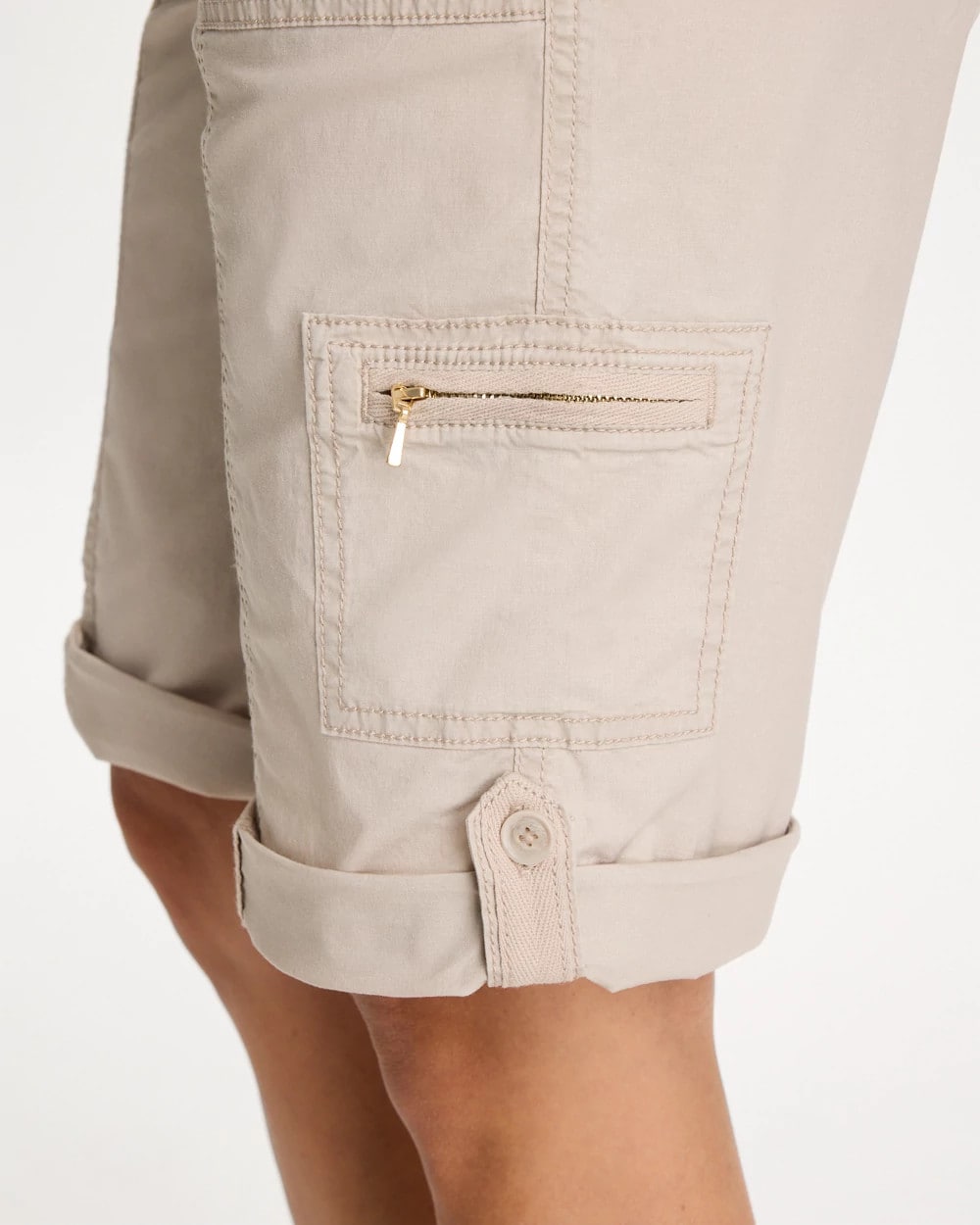 Smokey Taupe Poplin Cotton Roll-Tab Shorts