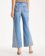 Indigo Floral Geo Wide-Leg Drawstring Jeans